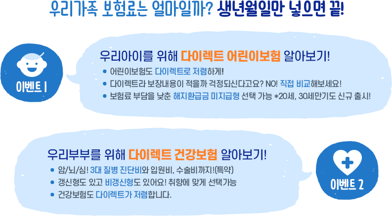 우리가족 보험료는 얼마일까? 생년월일만 넣으면 끝! [이벤트1 : 우리아이를 위해 다이렉트 어린이보험 알아보기! - 어린이보험도 다이렉트로 저렴하게! - 보험료 부담을 낮춘 해지환급금 미지급형 선택 가능 *20세, 30세만기도 신규 출시!, 이벤트2 : 우리부부를 위해 다이렉트 건강보험 알아보기! - 암/뇌/심! 3대 질병 진단비와 입원비, 수술비까지!(특약) - 갱신형도 있고 비갱신형도 있어요! 취향에 맞게 선택가능]