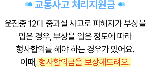 교통사고 처리지원금 - 운전중 12대 중과실 사고로 피해자가 부상을 입은 경우, 부상을 입은 정도에 따라 형사합의를 해야 하는 경우가 있어요. 이때, 형사합의금을 보상해드려요.
