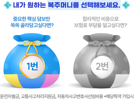 내가 원하는 복주머니를 선택해보세요. 중요한 핵심 담보만 쏙쏙 골라담고 싶다면? 1번