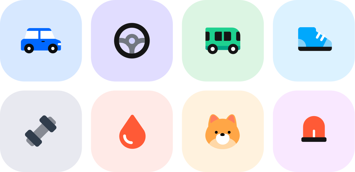 고객케어 앱 내의 서비스 카케어, 드라이브, 대중교통, 걷기, 그래비티, 슈가핏, 펫, 애니카 아이콘들